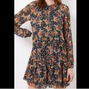 LOFT Multicolor Floral Print Tie Neck Dress. Size XS